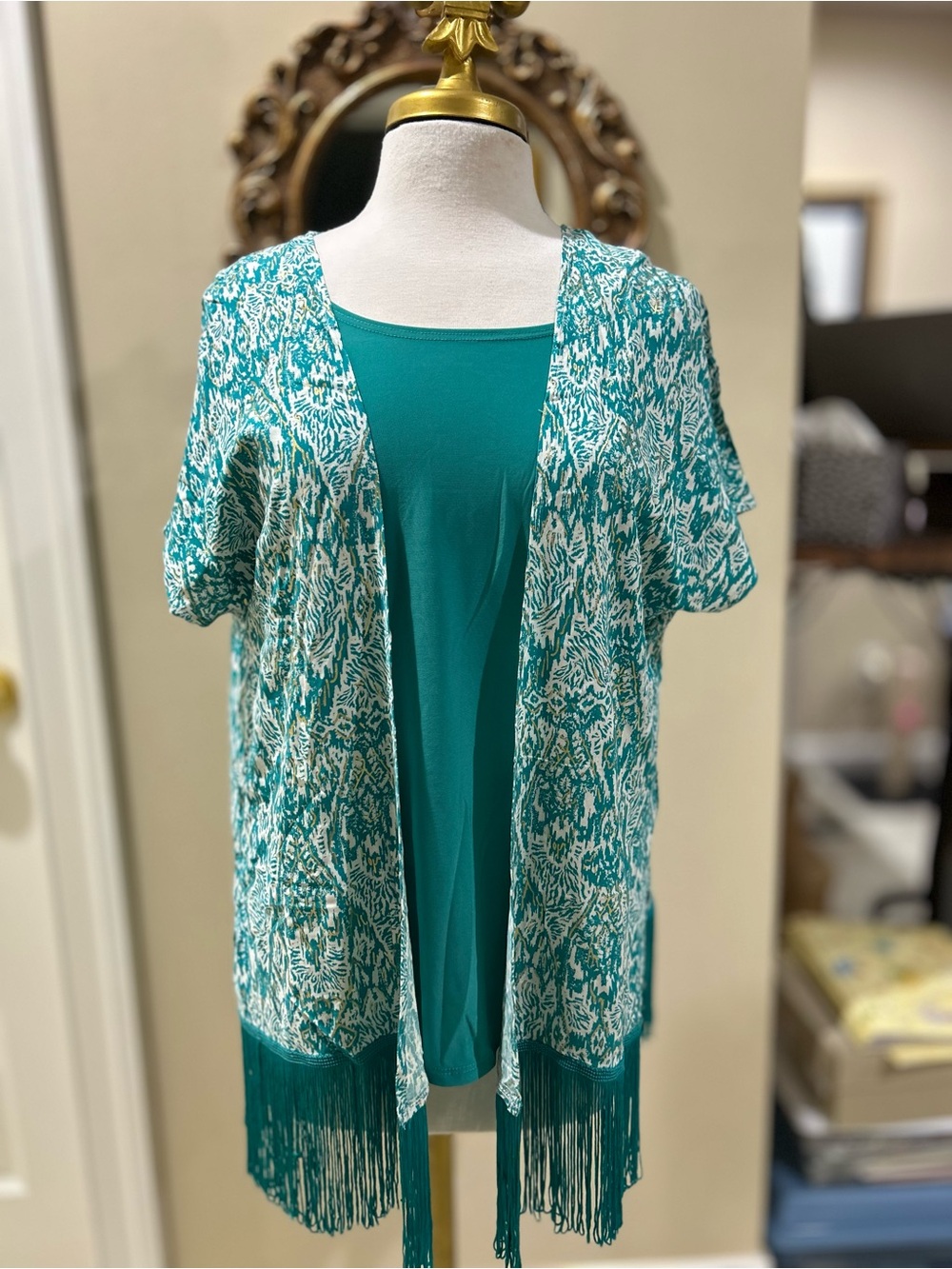 IMAN Open-Front Short Sleeve Cardigan with Fringe